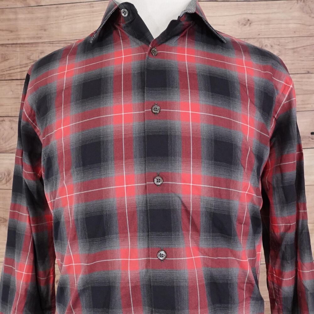 Bugatchi Shirt Mens Large Plaid Button Up Long Sleeve Shaped Fit Dress‎ Casual
